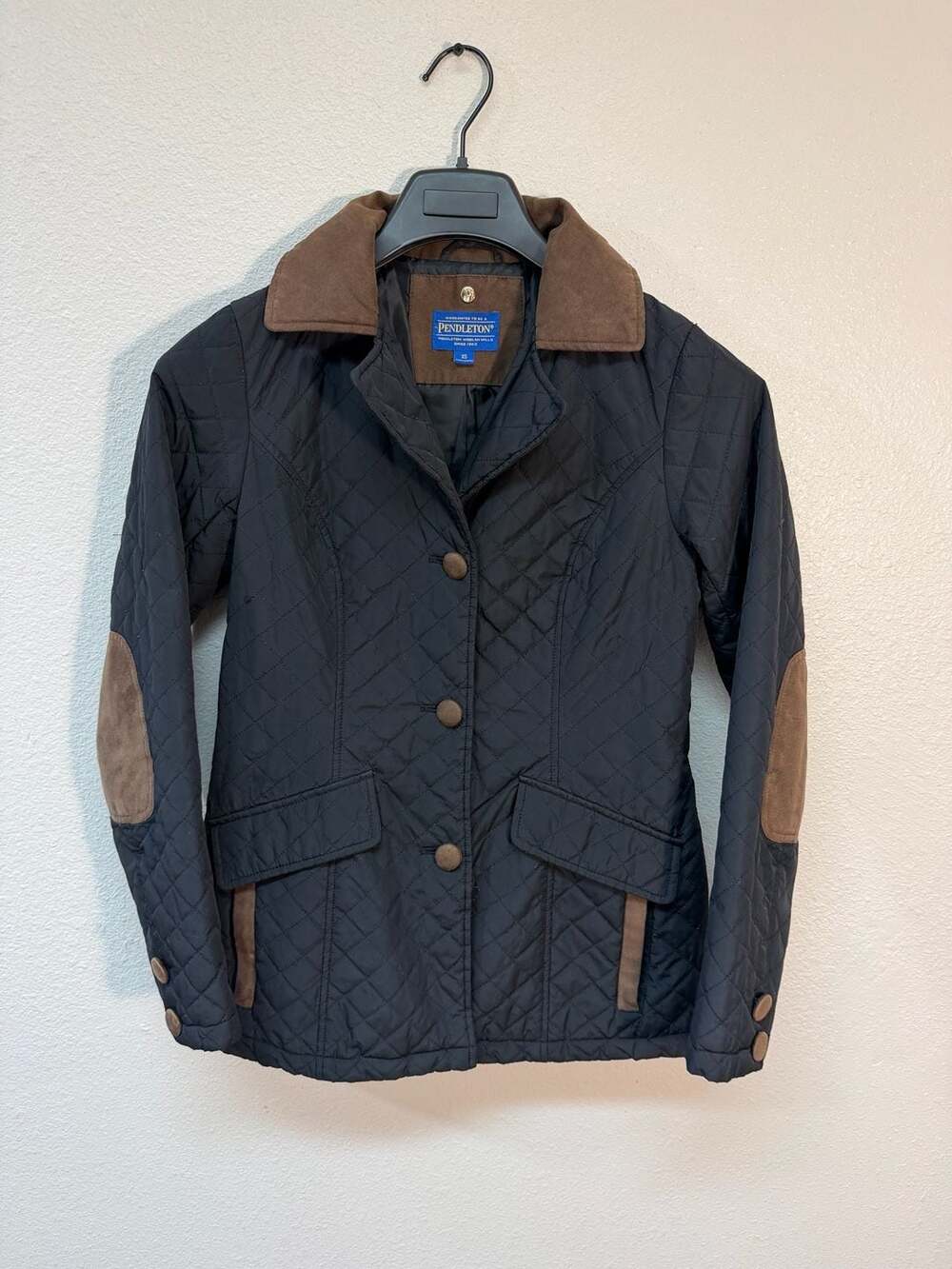 Pendleton Women's Black Quilted Jacket Coat Brown Suede Elbow Patches/CollarXS